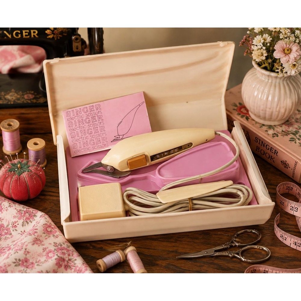 Vintage Singer Electric Scissors w/ Case, Pink Sewing Tool, Retro Fabric Cutter